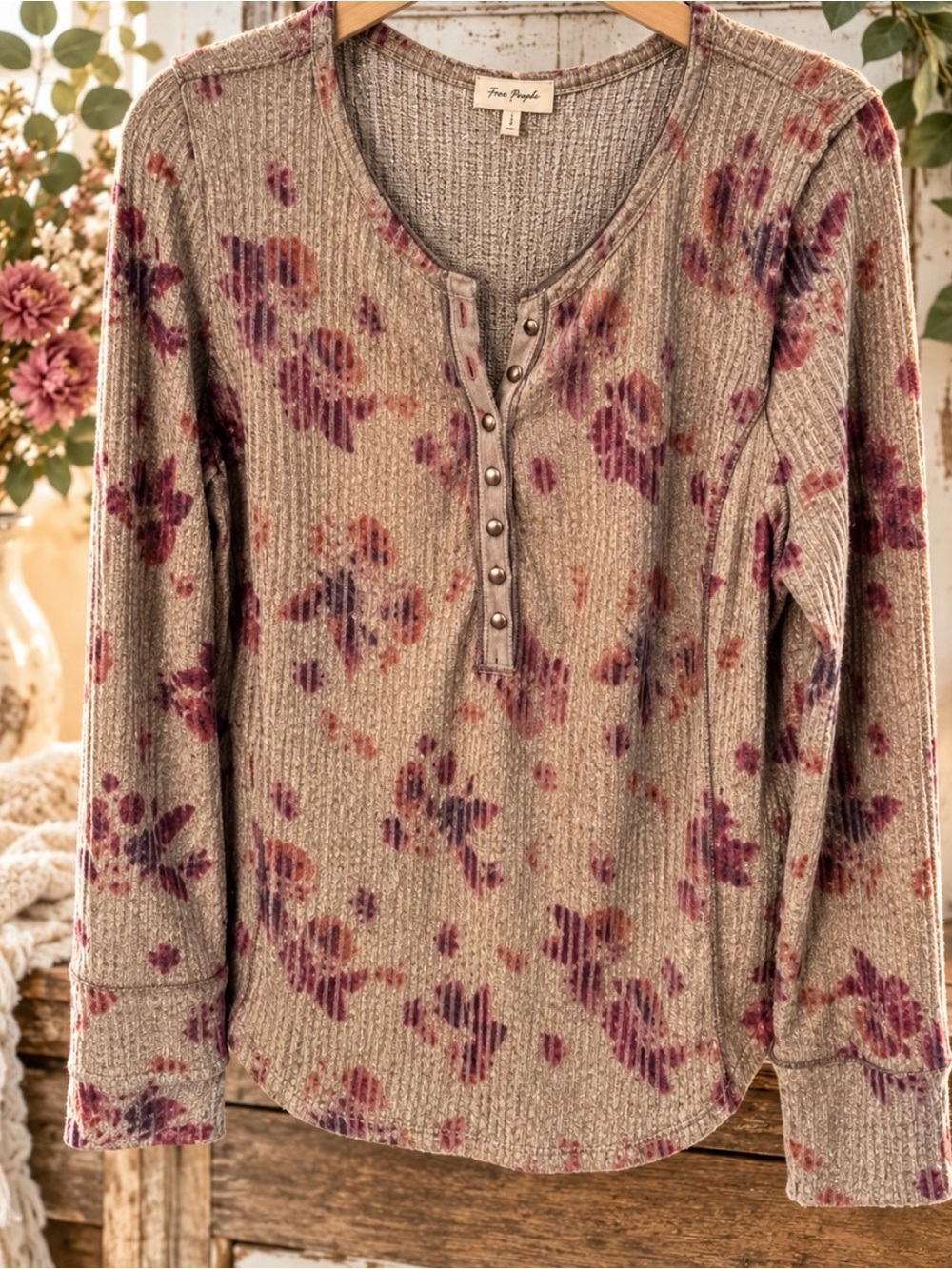 Free People Taupe Ribbed Henley with Plum Floral Print